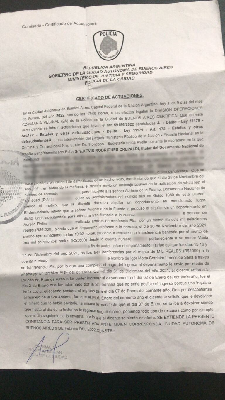 La denuncia que realizó una de las víctimas. (Foto: Kevin Crepaldi)