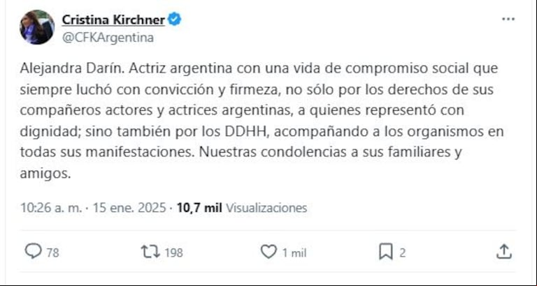 La despedida que Cristina Kirchner hizo de Alejandra Darín. (Foto: X/CFKArgentina)