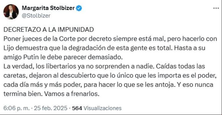 La diputada nacional Margarita Stolbizer tildó de "decretazo a la impunidad" la decisión del Presidente Javier Milei de nombrar por decreto a Ariel Lijo y Manuel García-Mansilla a la Corte Suprema. (Foto: captura X @Stolbizer)