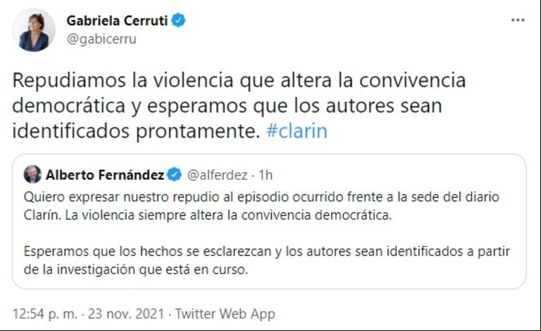 La portavoz de la Presidencia Gabriela Cerruti repudió el ataque a la sede de Clarín (Foto: captura Twitter @gabicerru).