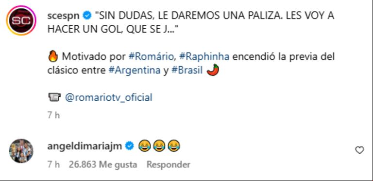 La reacción de Ángel Di María a la picante frase de Raphinha. (Foto: Captura Instagram)