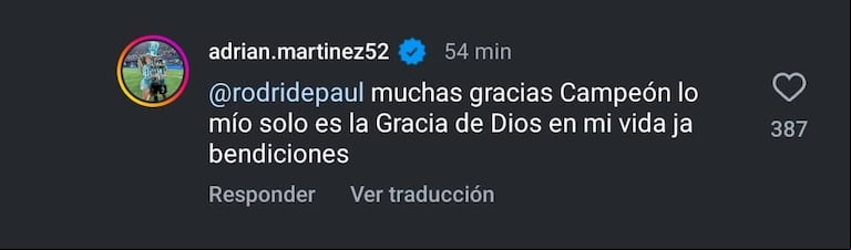 La respuesta de Maravilla Martínez para Rodrigo De Paul por su gran elogio. (Foto: Captura racingclub/IG)
