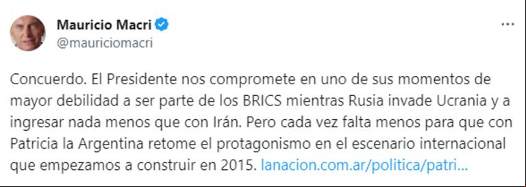 La respuesta de Mauricio Macri al ingreso a los BRICS. (Foto: Twitter).