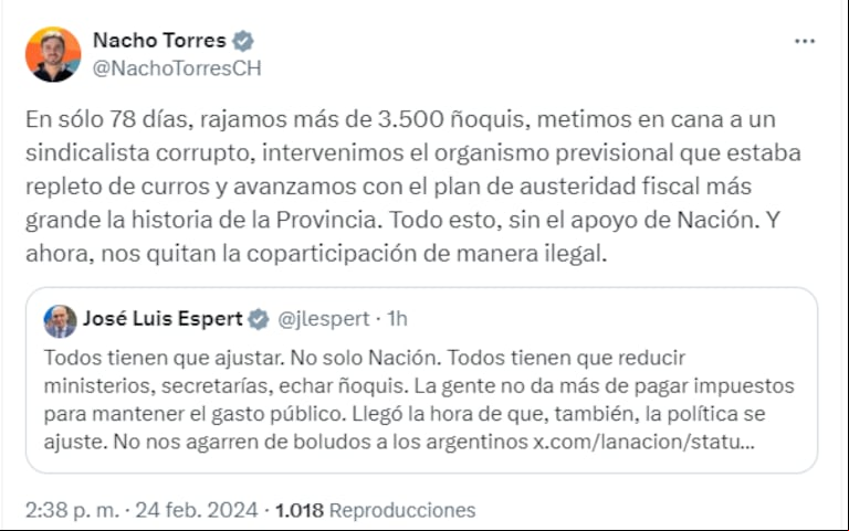 La respuesta del gobernador de Chubut. (Foto: X @NachoTorresCH)