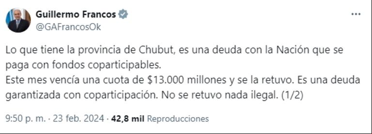 La respuesta del ministro al reclamo del gobernador de Chubut. (Foto: Twitter @GAFrancosOk)