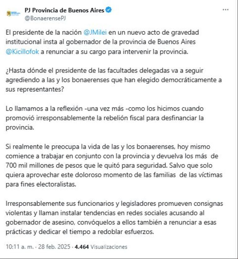 La respuesta del PJ bonaerense a Javier Milei. (Foto: captura de X).