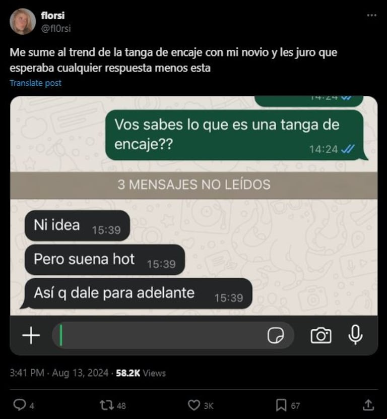 La respuesta la descolocó. (Foto: X/@fl0rsi).