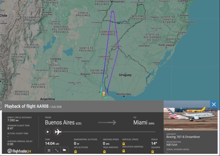La ruta del vuelo de American Airlines. El avión tuvo que hacer un aterrizaje de emergencia a las 13:38 en Ezeiza. (Foto: gentileza Clarín.)