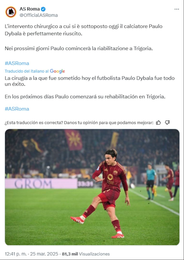 La salud de Paulo Dybala (Foto: X /@OfficialASRoma)