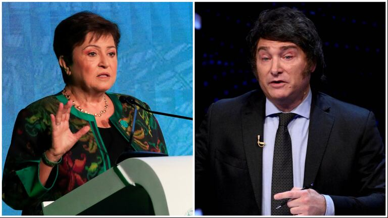 La titular del Fondo Monetario Internacional (FMI), Kristalina Georgieva, y el presidente, Javier Milei (Foto: Reuters).