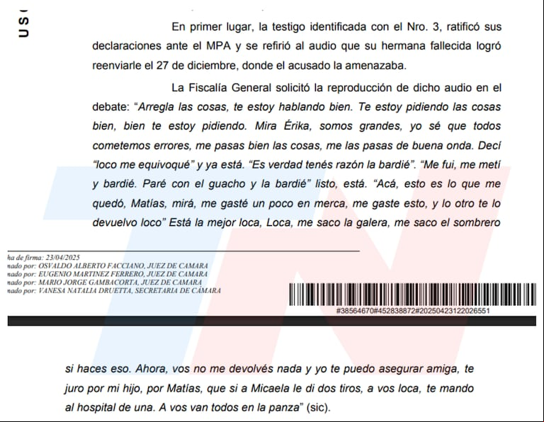 La transcripción del audio que le mandó Álvarez antes del ataque. (Foto: TN)