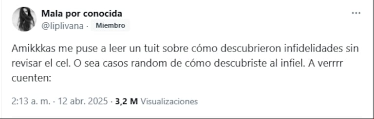 La tuitera quiso saber anécdotas de sus seguidores y contó su experiencia. (Captura: X/@liplivana)