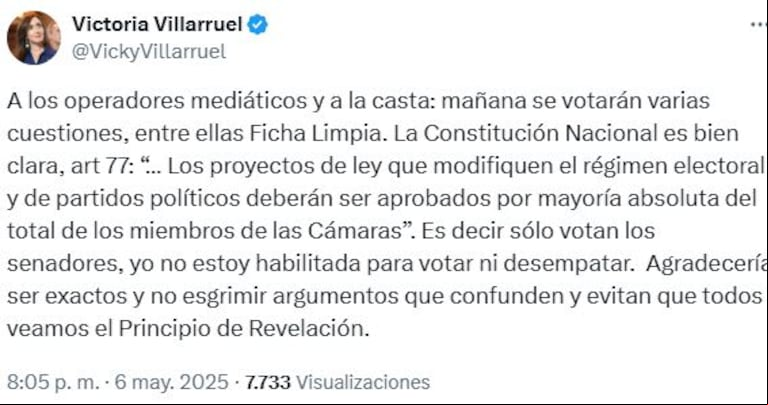 La vicepresidenta Victoria Villarruel calentó la previa del debate por Ficha Limpia en el Senado. (Foto: captura X @VickyVillarruel)
