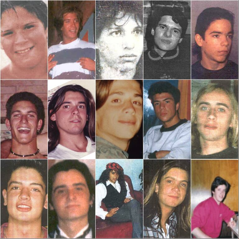 Las imágenes de los adolescentes fallecidos en la tragedia de Kheyvis. De arriba hacia abajo, de izquierda a derecha: Maximiliano Tejedor, Sebastián Simonini, Cristian Enrique Gutiérrez, Diego Pablo García, Rolando Broda, Nicolás Bonomi, Javier Manteiga, Hernán Grosso, Francisco Gaeta, Mariano Bravo, Fernando Tablada, Pablo Petralli, Erica Gori, Leandro Buganem y Rodolfo Unold. Faltan Nicolás Blanc y Jorge Luis Falardo. (Fotos: Captura Grupo de Padres de Kheyvis).