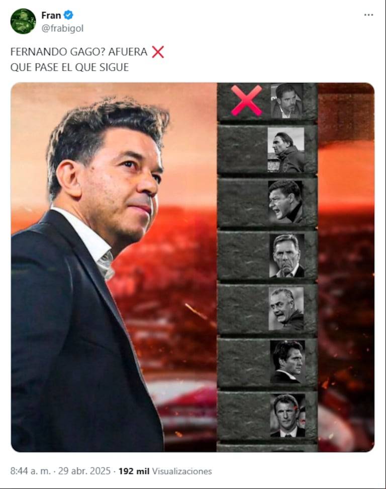 Las redes se inundaron de memes y reacciones tras la salida de Fernando Gago. (Captura: X/@frabigol)
