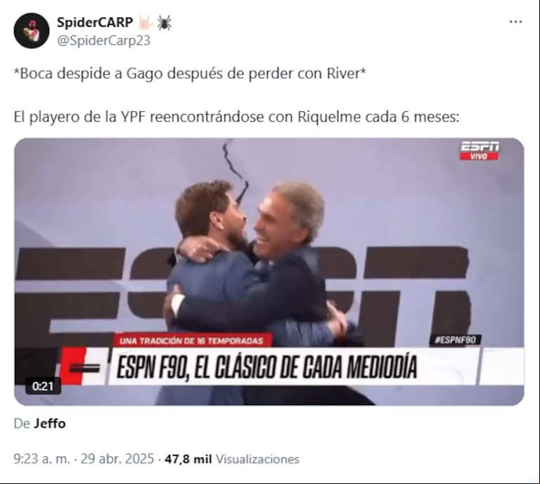 Las redes se inundaron de memes y reacciones tras la salida de Fernando Gago. (Captura: X/@SpiderCarp23)