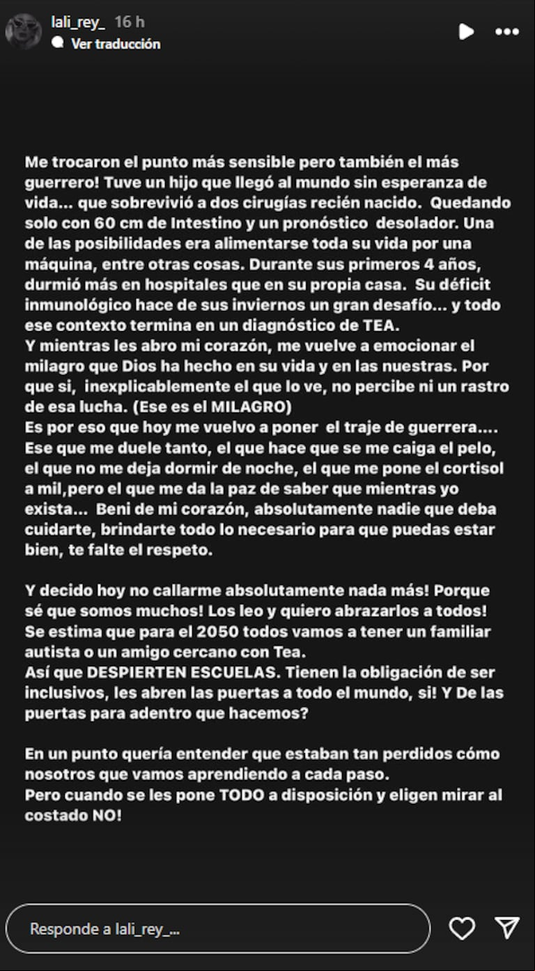 Laura, la pareja de Rodrigo Rey, dio más detalles sobre la situación que vivió su hijo. (Foto: Captura IG @lali_rey)