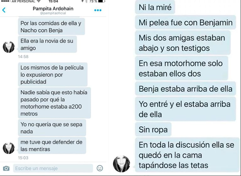 Los mensajes que Pampita le mandó a Lío Pecoraro. (Foto: Twitter/Liopecoraro).
