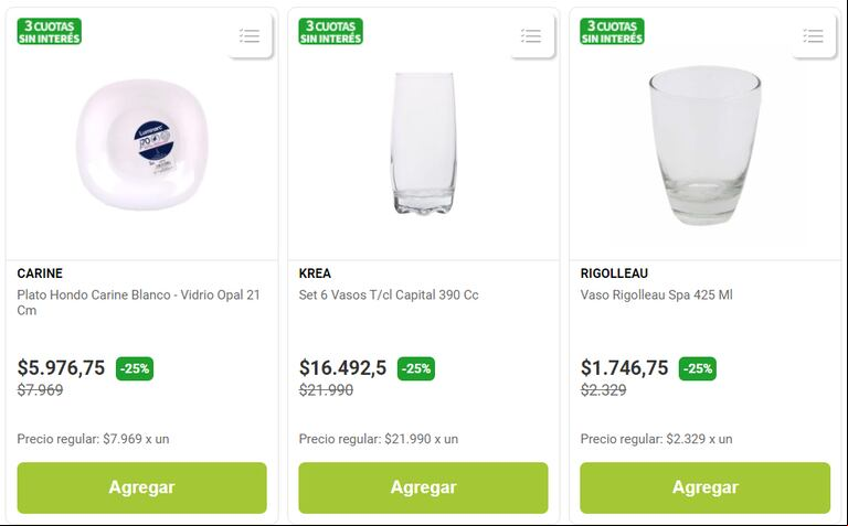 Los productos van desde ollas y cacerolas hasta vasos, tazas y platos. (Captura: jumbo.com.ar).