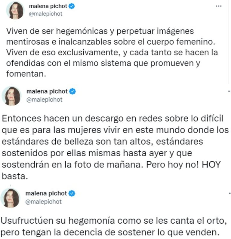 Los tuits de Malena Pichot. (Foto: Captura Twitter)