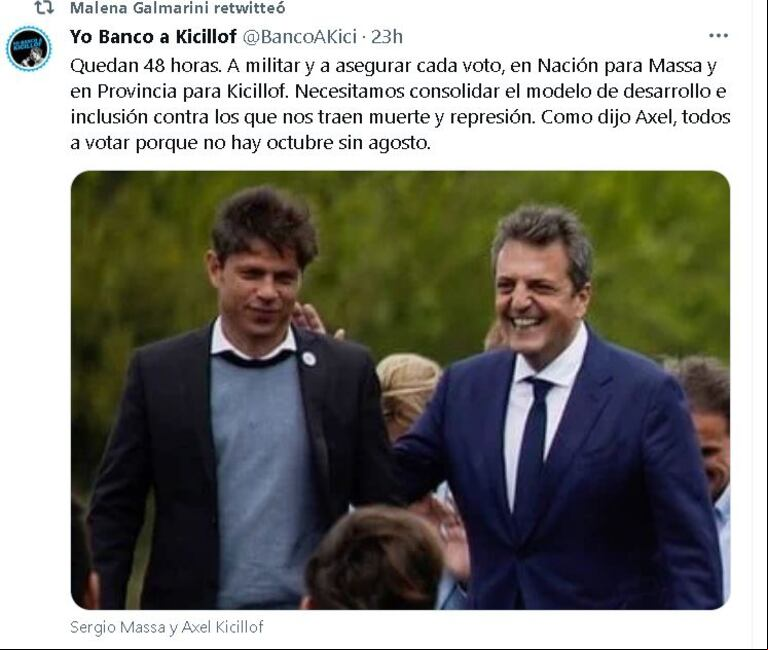 Malena Galmarini retuiteó un mensaje de apoyo a Kicillof, que aparece en la foto junto a Massa. (Twitter / @malenagalmarini)