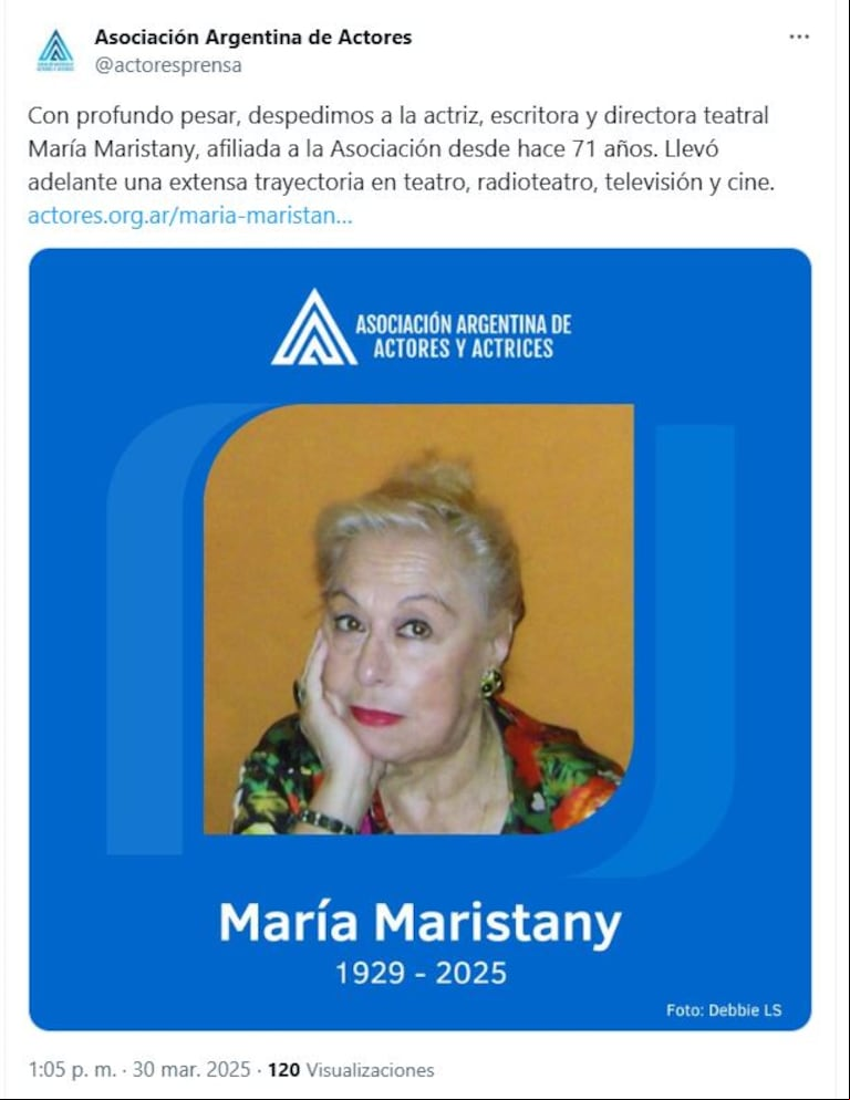 María Maristany murió a los 95 años. (Foto: captura X/actoresprensa)