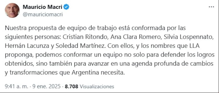 Mauricio Macri propuso a Cristian Ritondo, Ana Clara Romero, Silvia Lospennato, Hernán Lacunza y Soledad Martínez, tras darle luz verde a una alianza con el oficialismo. (Foto: X / @mauriciomacri).
