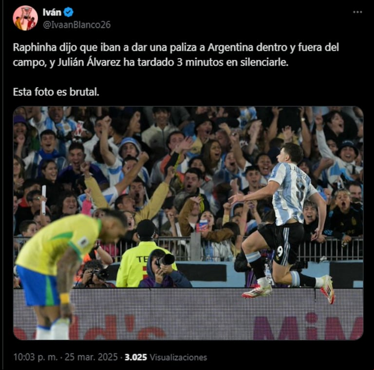 Memes: la Selección argentina le gana a Brasil por 4-1 y las redes explotaron contra Raphinha y Vinícius. (Foto: X)