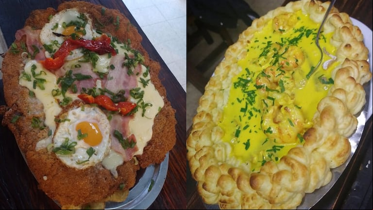 Milanesa a la napolitana y filet de merluza con puré duquesa, dos platos que ofrece el bodegón Los Bohemios de Villa Crespo. Foto: Instagram @losbohemios.restaurante.