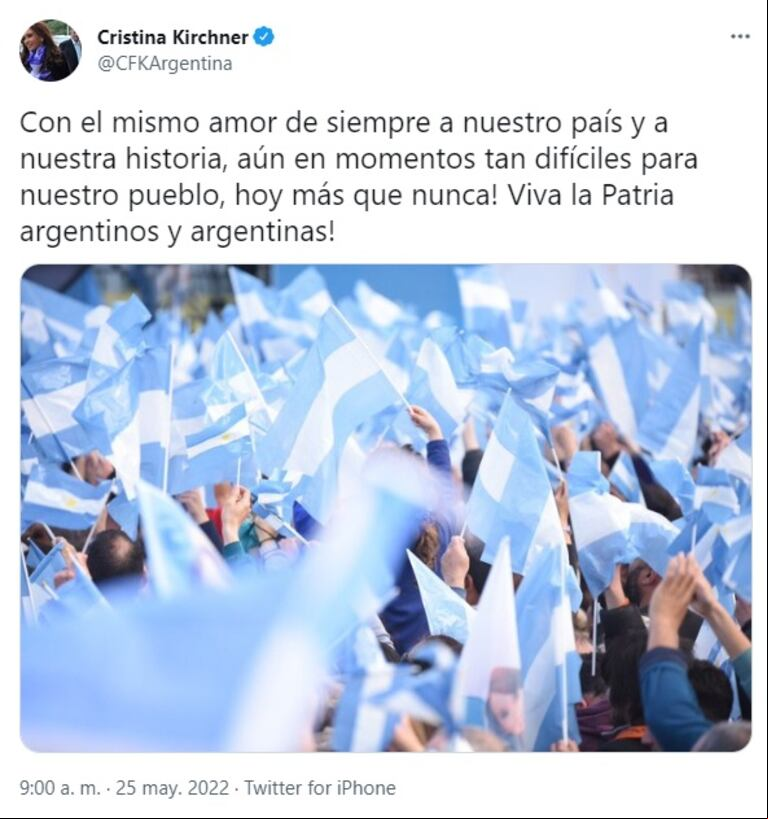 “Momentos tan difíciles para nuestro pueblo”: el mensaje de Cristina Kirchner por el 25 de Mayo (Foto: captura Twitter @CFKArgentina).