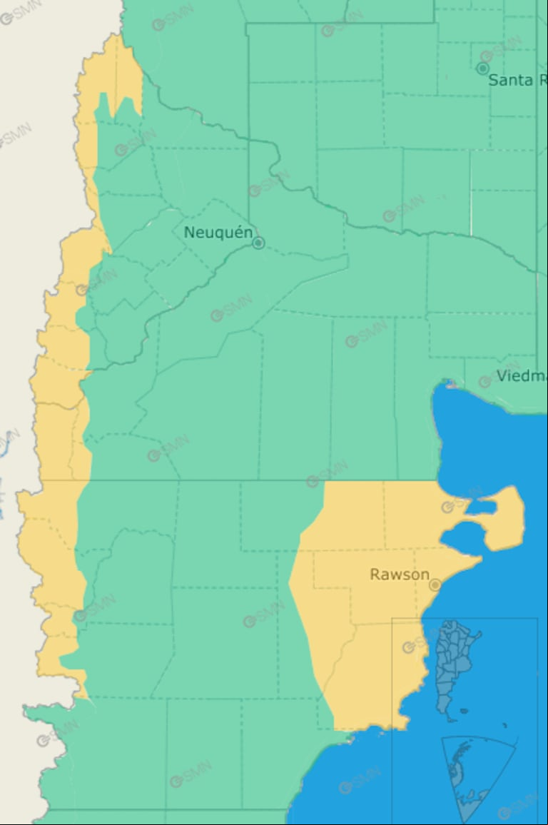 Neuquén, Río Negro y Chubut, bajo alerta amarilla por lluvias (Captura SMN).