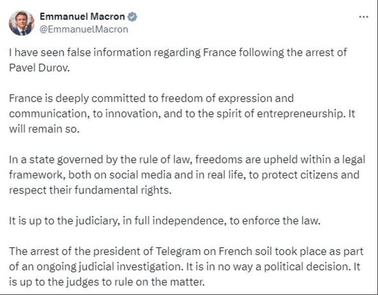 “No es una decisión política”, dijo el presidente de Francia sobre el arresto del CEO de Telegram, Pavel Durov