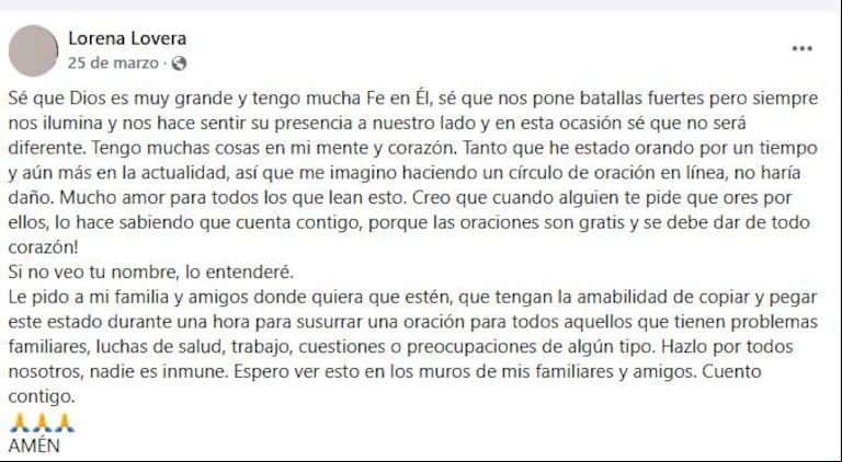 Otro escrito de Lorena Lovera. (Foto: captura de Facebook Lorena Lovera)