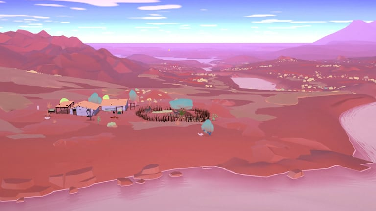 Paisajes oníricos del videojuego inspirados por la topografía real del Valle de Río Atuel. (Foto: Captura Atuel)