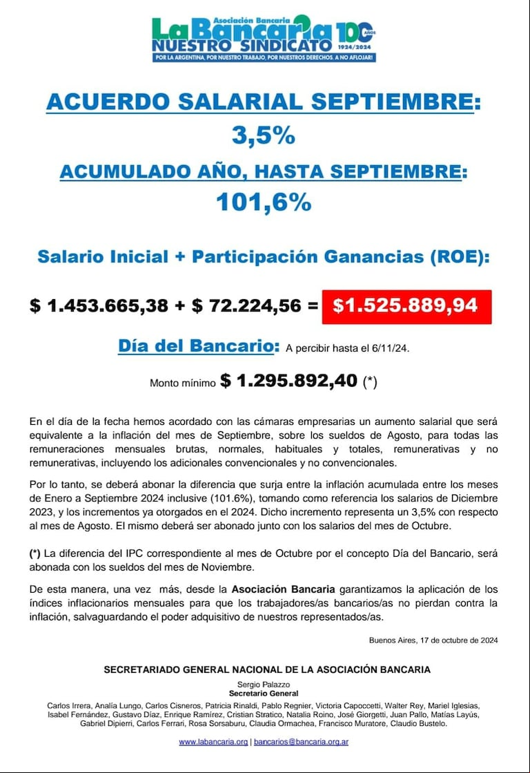 Paritaria de septiembre 2024 para el gremio de los bancarios. (Foto: La Bancaria)