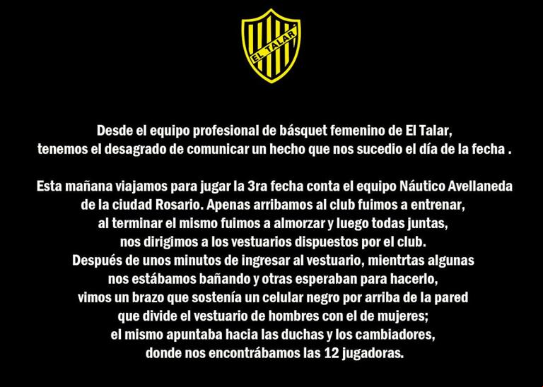 Parte del comunicado que publicó el club El Talar (Foto: Instagram eltalar.basquet).
