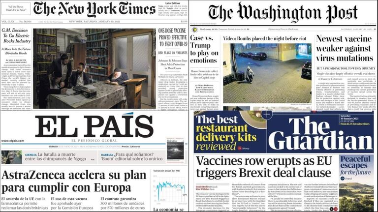 Portadas de The New York Times, The Washington Post, The Guardian y El País de este 29 de enero de 2021. (Foto: tn-ar.noticiasalagoanas.com).