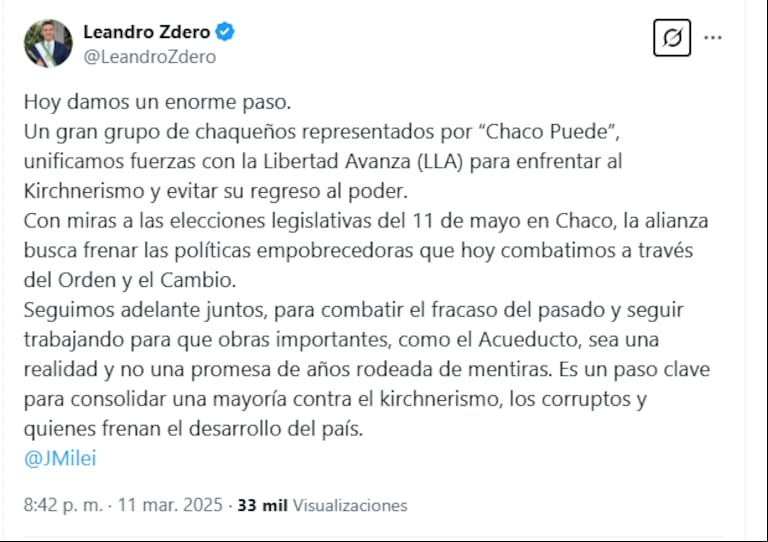 Posteo de Leandro Zdero en X (Foto: Captura de X/@LeandroZdero).