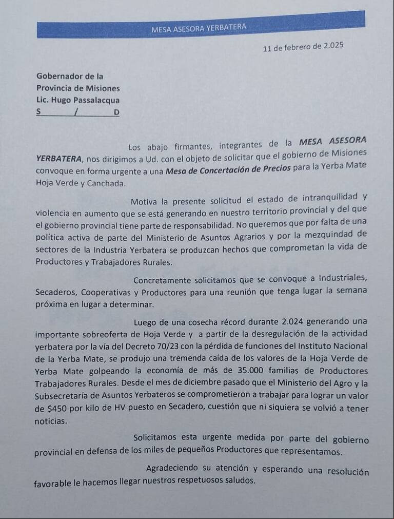 Productores yerbateros exigen una mesa de concertación de precios en Misiones