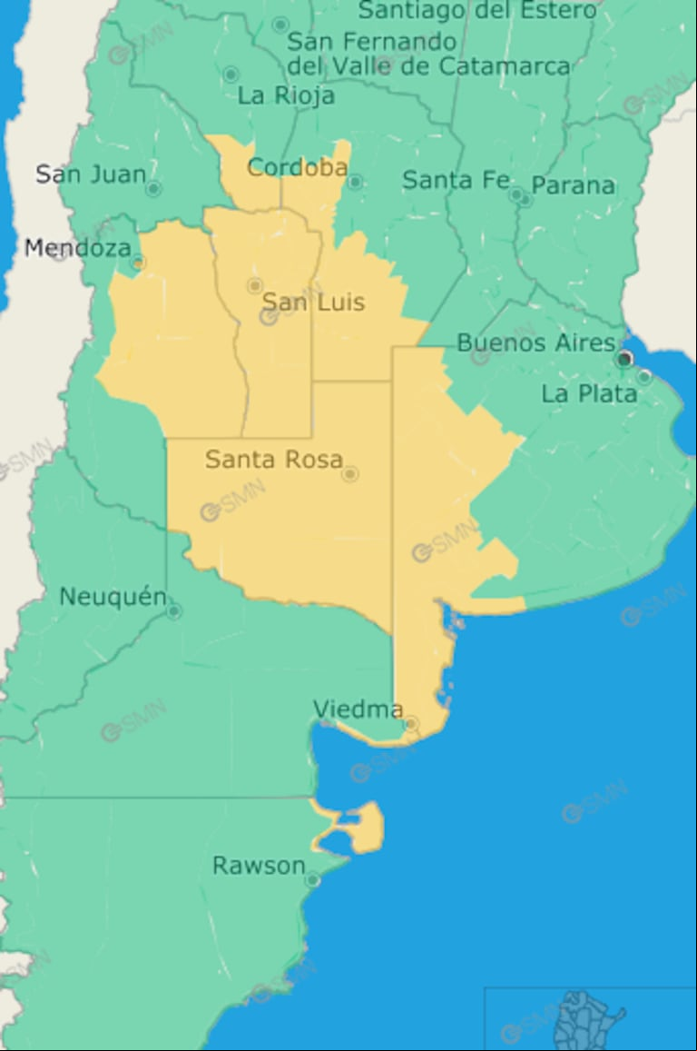 Provincias en alerta amarilla por tormentas (Captura SMN).