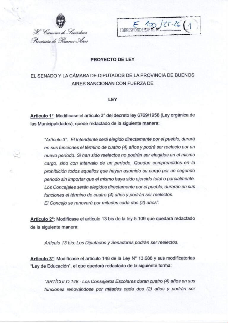 Proyecto presentado en el Senado bonaerense para habilitar las reelecciones indefinidas de diputados y senadores en la provincia de Buenos Aires (Foto: Captura del proyecto de ley).