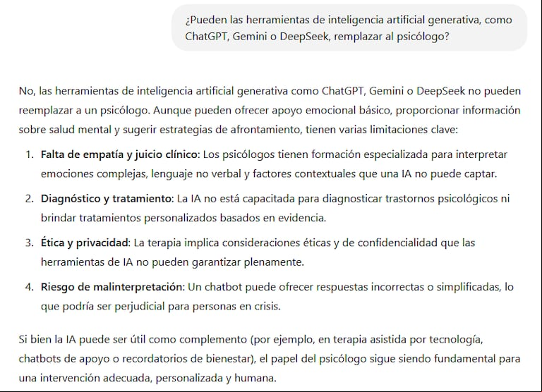 ¿Puede la inteligencia artificial remplazar al psicólogo? La respuesta de ChatGPT. (Captura: TN Tecno)
