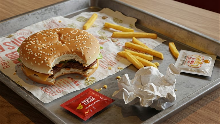 Qué significa no levantar la bandeja al terminar de comer en un local de comida rápida, según la psicología (Foto: Generada por IA).