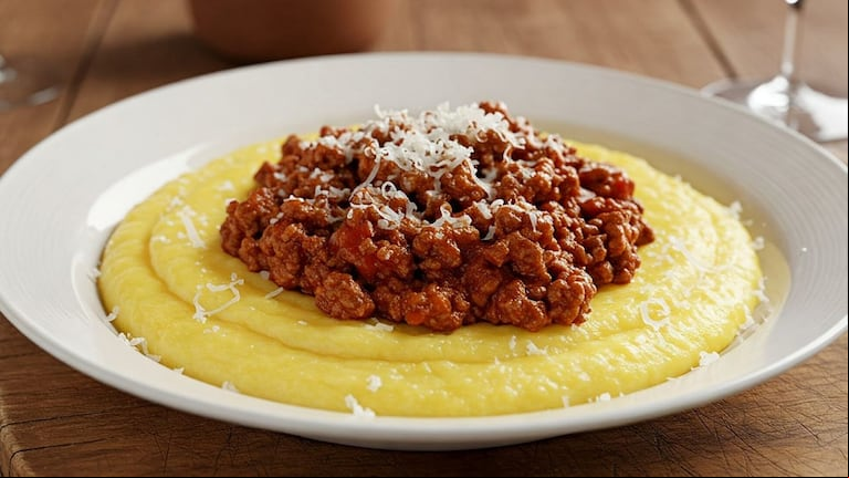 Receta de polenta con boloñesa vegetariana y cuánto cuesta para 4 personas (Foto: Gemini IA)