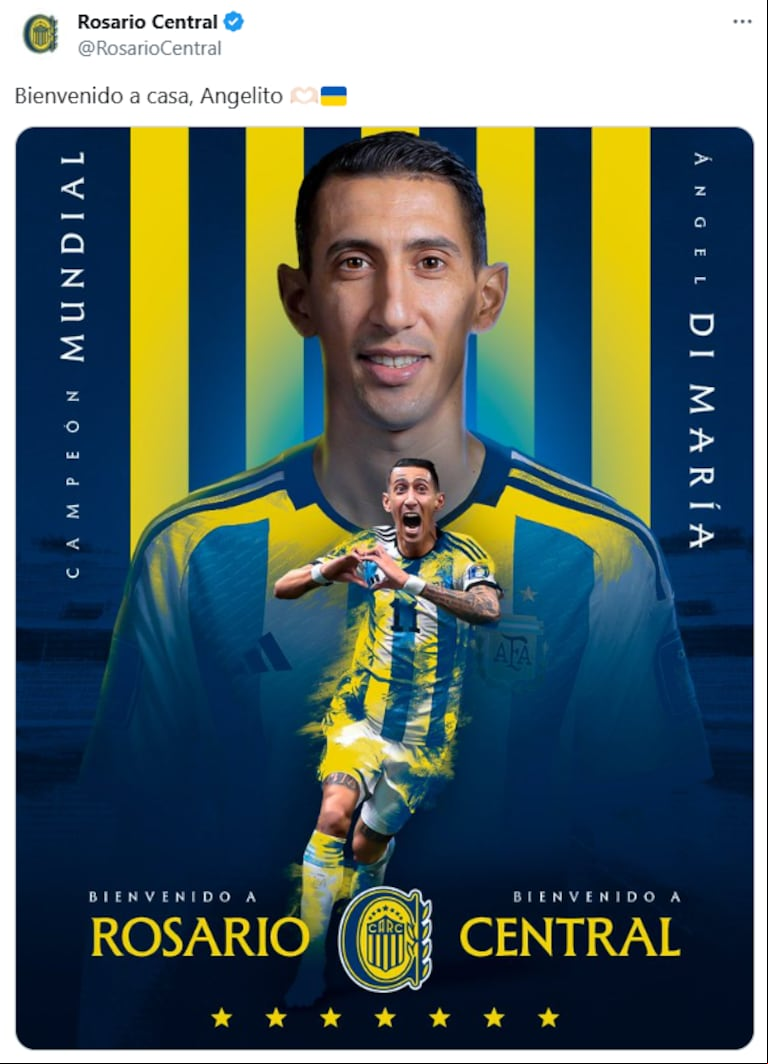 Rosario Central le dio la bienvenida a Di María. (Foto: @RosarioCentral vía X)