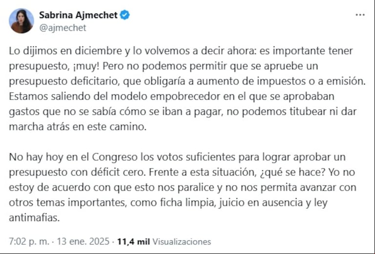 Sabrina Ajmechet: "No podemos permitir que se apruebe un presupuesto deficitario". (Foto: captura X @ajmechet)