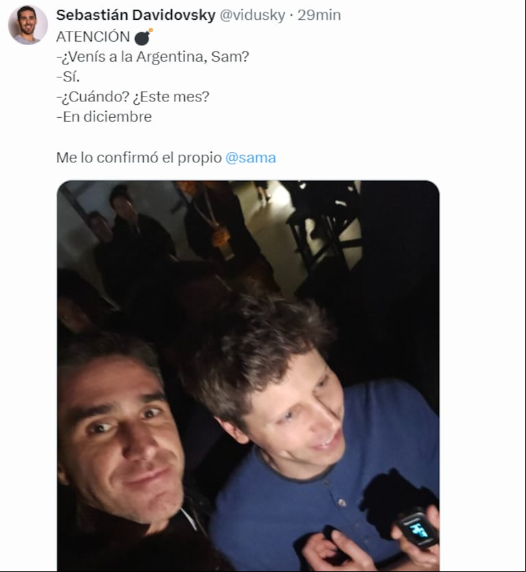Sam Altman, cofundador y CEO de OpenAI anunció que visitará Argentina en diciembre. (Captura: X/vidusky)