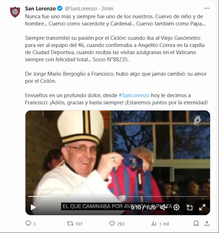 San Lorenzo hizo un emotivo posteo por la muerte del papa Francisco. (San Lorenzo X)