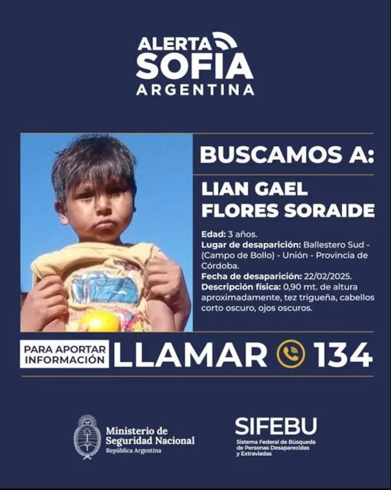 Se activó la Alerta Sofía para encontrar a Liam, el nene desaparecido en Córdoba. (Foto: NA).