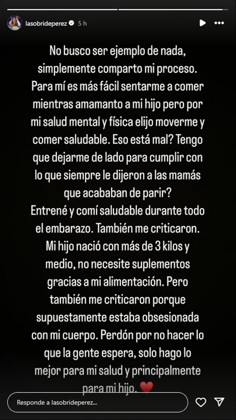 Sol Pérez dejó caer un contundente descargo contra quienes la critican por no detener sus entrenamientos durante su embarazo y después del nacimiento de su hijo Marco. (Foto: Instagram / lasobrideperez)
